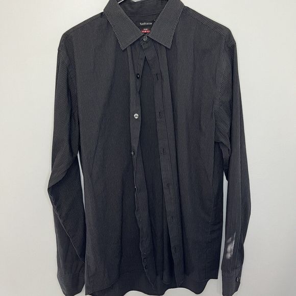 Van Heusen Dress Shirt Men's Size 16-16.5 Large Flex Slim Fit Black Striped VGC - Picture 1 of 8